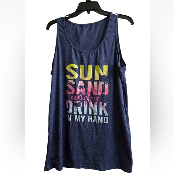 Sun and Sand Drink in My Hand T-Shirt Beach Vacation Blue Women's Tee Size 1XL - Picture 1 of 4